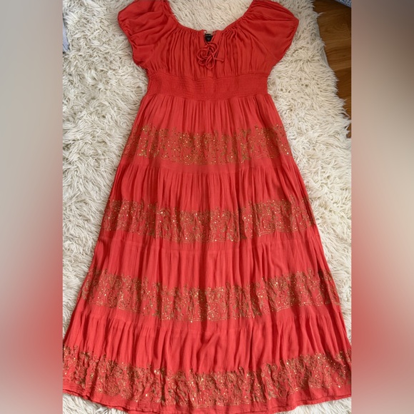 Boston Proper Gauze Peasant Maxi Dress in Hot Coral XL - Picture 2 of 8